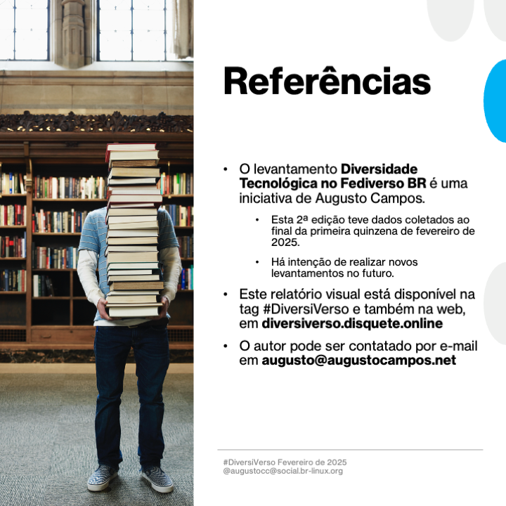 Referências

- O levantamento Diversidade Tecnológica no Fediverso BR é uma iniciativa de Augusto Campos.
- Esta 2a edição teve dados coletados ao final da primeira quinzena de fevereiro de
2025.
- Há intenção de realizar novos levantamentos no futuro.
- Este relatório visual está disponível na tag #DiversiVerso e também na web, em diversiverso.disquete.online
- O autor pode ser contatado por e-mail em augusto@augustocampos.net

